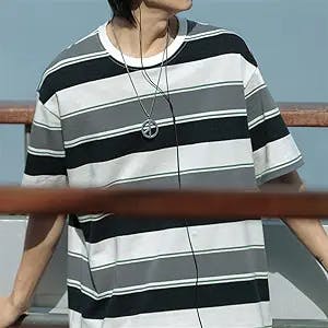 Men's Half Sleeve T-Shirt Loose Striped Top Round Neck Short Sleeve T-Shirt Summer (Color : A, Size : L Code)