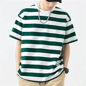 Striped Short Sleeve T-Shirt Men's Summer Cotton Loose Half Sleeve Round Neck T-Shirt Men's (Color : Green, Size : XL Code)