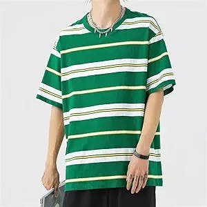 Green Striped T-Shirt Men's Short-Sleeved Shirt Loose Casual Summer Round Neck Top (Color : Green, Size : L Code)