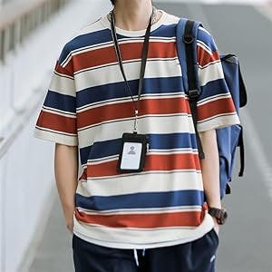 Men's Summer Half Sleeve T-Shirt Loose Striped Top Round Neck Short Sleeve T-Shirt (Color : A, Size : XL Code)