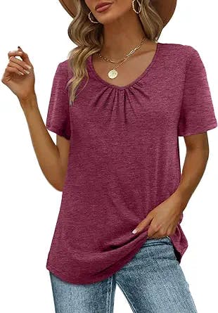 WIHOLL Women's Shirred V-Neck T-Shirts Short-Sleeve Casual Summer Tops