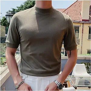 FSYSM Men T-Shirts Fashion Autumn Winter Short Sleeve T Shirts Men Slim Fit Soft Velvet Turtleneck (Color : Green, Size : L Code)