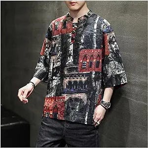 MMLLZEL Cotton Linen Short Sleeve T Shirt Disc Button Plus Size Tang Suit Casual Oversized Tops Men Clothing (Color : A, Size : XL Code)