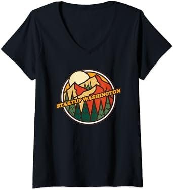 Womens Vintage Startup, Washington Mountain Hiking Souvenir Print V-Neck T-Shirt