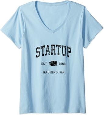 Womens Startup Washington WA Vintage Athletic Black Sports Design V-Neck T-Shirt